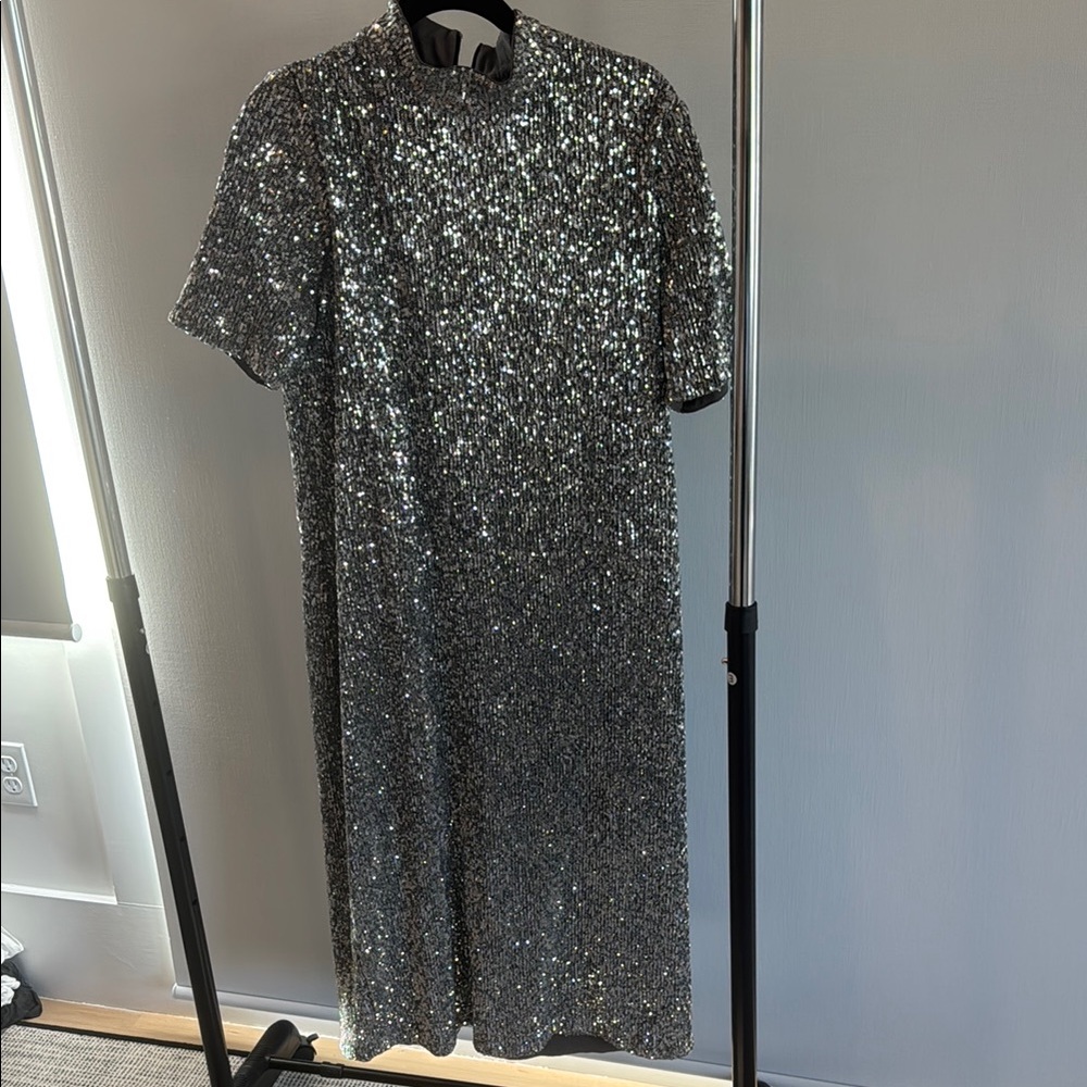 Vineyard Vines Silver Sequin Mock Neck Midi Dress